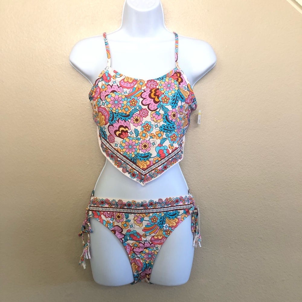 Hobie Retro Paisley Handkerchief High Neck Midkini 2PC Set Swimsuit Sz 16 Junior